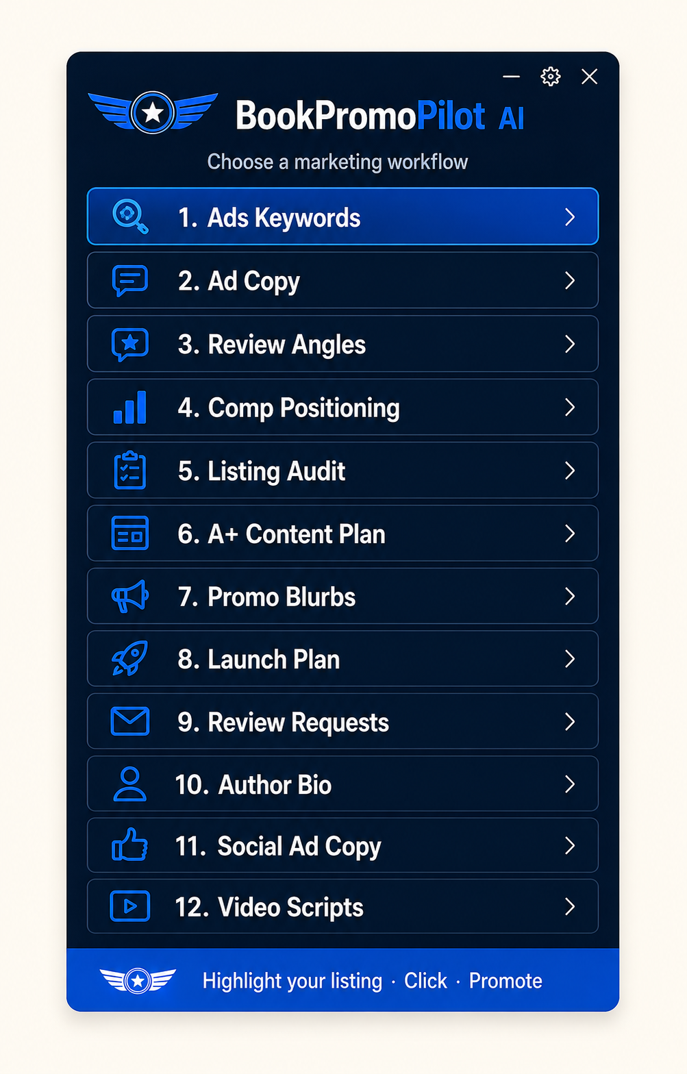 The BookPromoPilot extension menu showing all 12 book-marketing workflows