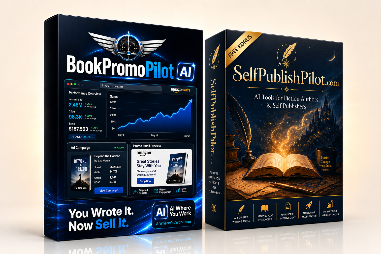 BookPromoPilot AI with the free SelfPublishPilot AI bonus — two complete browser extensions